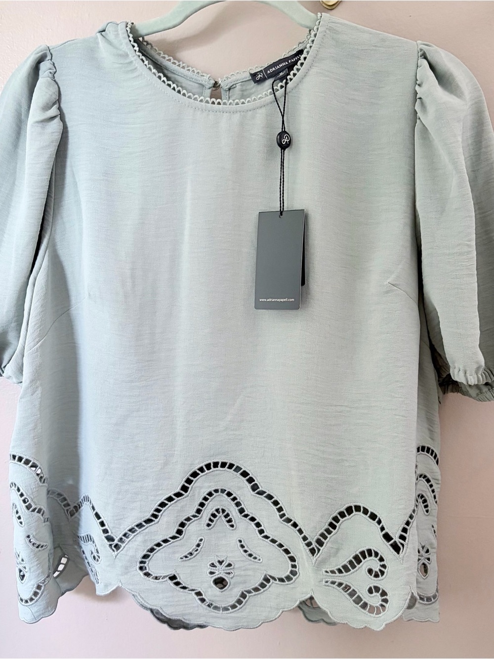 Adrianna Papell Sage Green Cutout Eyelet Hem Puff Sleeve Top NWT M Cottagecore